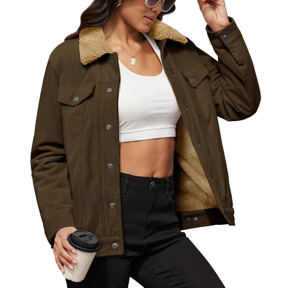 Women's Corduroy Sherpa Fleece Lined Jacket Winter Coat Button Down Pockets